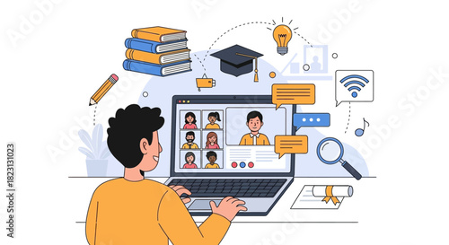 Online Learning Education Concept with Students Attending Virtual Class on Laptop