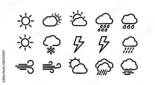Weather forecast icons set sun cloud wind snow illustration design