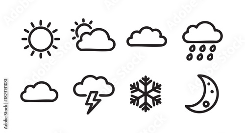 Weather Forecast Icons Set with Sun Clouds and Lightning Illustration