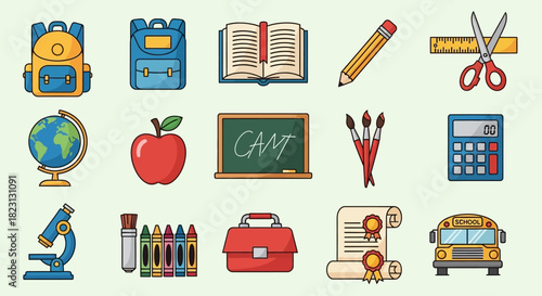 A colorful set of cartoon icons representing various school supplies and educational tools for learning