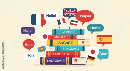 Engaging illustration of a stacked book collection symbolizing diverse language learning, global communication, and cross-cultural education for a connected world