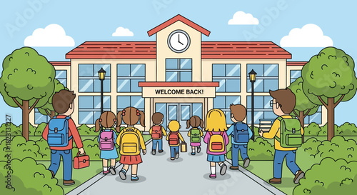 Children with backpacks entering a school building, welcoming them back