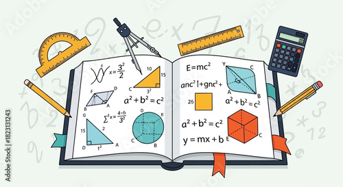 Conceptual illustration of mathematics education, showing an open textbook filled with geometric shapes, scientific formulas, and algebraic equations