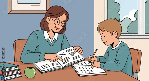 A caring female tutor helping a young boy with his mathematics homework, providing one-on-one educational support at home