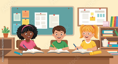 Diverse group of smiling children enjoying learning and studying together at school desks