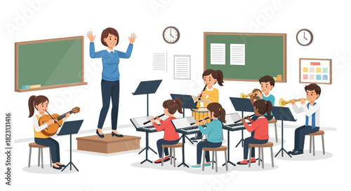 A joyful school orchestra practice session with young musicians learning instruments under the guidance of a smiling teacher