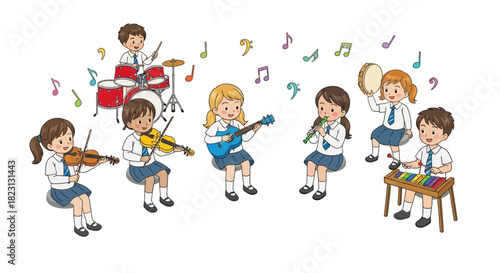 Vibrant illustration of happy elementary school children joyfully playing a diverse range of musical instruments in their lively school band, fostering teamwork and a love for music