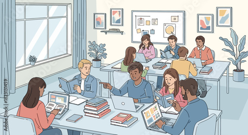 Students Studying in a Modern University Library Environment Collaboration, Learning, and Education