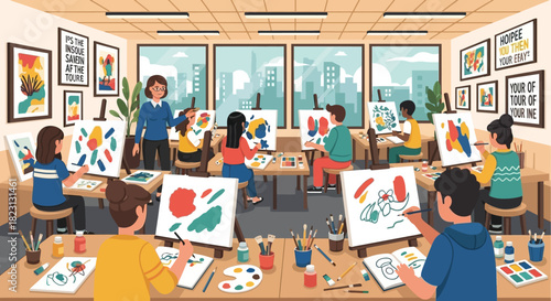 Creative Canvas Inspiring Art Students in a Bright Classroom with Easels and Vibrant Paintings