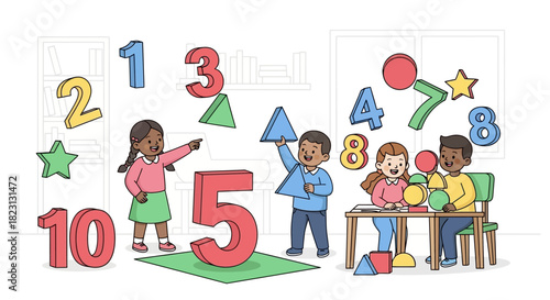 Children Learning Numbers and Shapes An Educational Illustration for Early Childhood Education