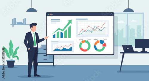 Business man presenting financial charts and graphs in a modern office setting, illustrating market analysis and growth trends