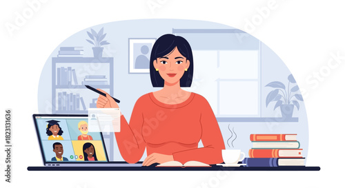 Online Education A Woman Leading a Video Conference with Students at Home