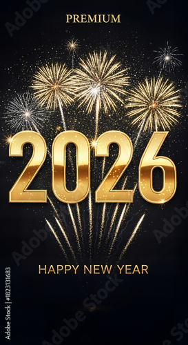 Golden 2026 Year Numbers with Fireworks and 