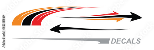 Sport car stickers, racing flame stripes. Vehicle decals, auto design elements arrows.