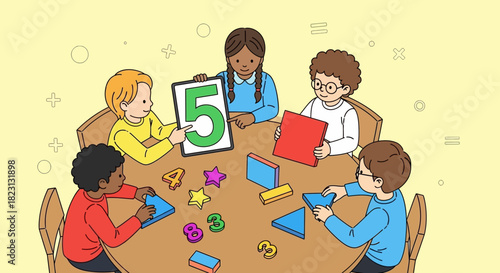 Children learning math with colorful shapes and numbers around a table