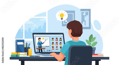 Young Boy Learning Online with Teacher in a Laptop Virtual Classroom at Home