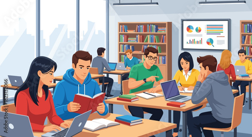 Students Studying Together in a Modern Library with Laptops and Books