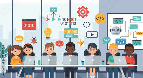 Young students learning coding and programming on laptops in a modern classroom, surrounded by digital technology and software development symbols