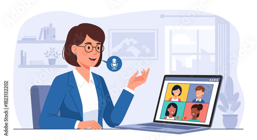 Professional woman participating in a video conference call with colleagues