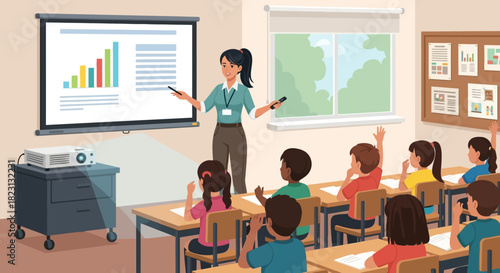 Teacher presenting a bar chart graph on projector screen to students in classroom