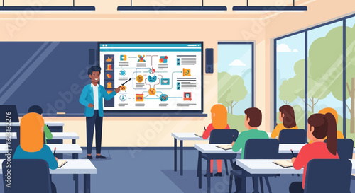 Teacher Explaining Process Flow Diagram to Students in Classroom