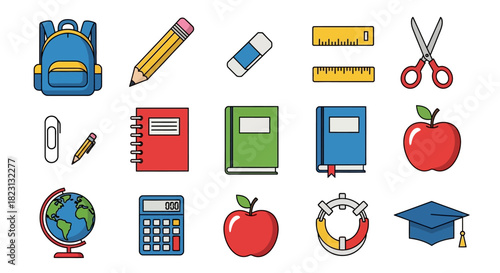 Vibrant vector icons set of education and school supplies, perfect for illustrating learning concepts, academic themes, and back-to-school projects