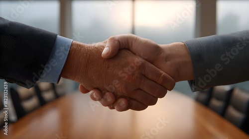Two business professionals shake hands over a boardroom table symbolizing agreement and partnership