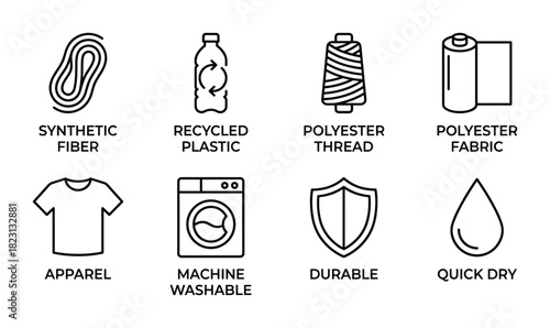 Synthetic fiber and plastic bottle material. recycled polyester fabric production. thread and apparel