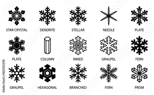 Types of snowflakes: star crystal, dendrite, stellar, needle, plate, column, rimed, graupel, fern, hexagonal, branched, prism.