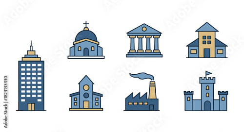 Building icons set representing various city architecture