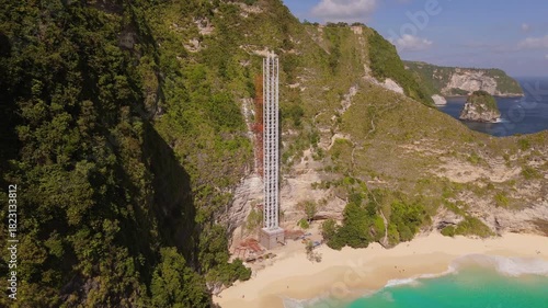Elevator construction at Kelingking Beach in Nusa Penida, Bali, Indonesia