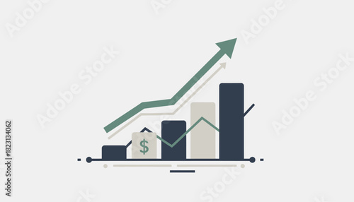Financial growth concept illustrated with an upward trending bar chart and a green arrow, symbolizing business success and profit.