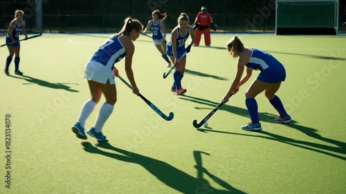 Field Hockey Game Action Shot with Players Competing on Green Turf.