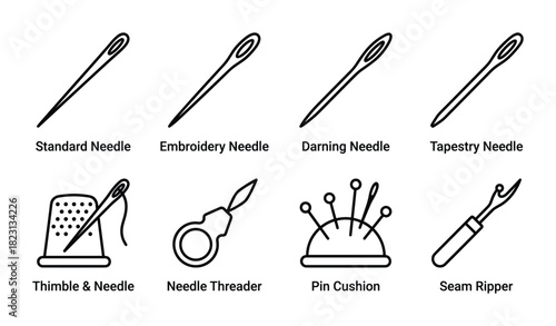 Various sewing needles, thimble, needle threader, pin cushion, seam ripper. Craft tools vector.