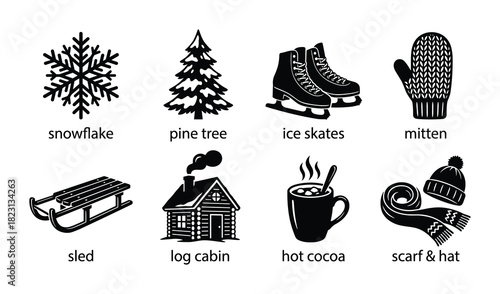 Winter season, snowflake, pine tree, ice skates, mitten, sled, log cabin, hot cocoa