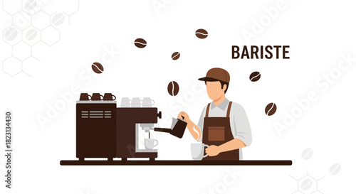 Flat vector illustration of a barista preparing coffee with espresso machine and coffee beans