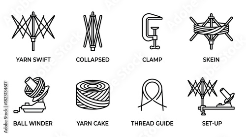 Yarn swift winder tools icons. Collapsed clamp skein ball winder yarn cake thread
