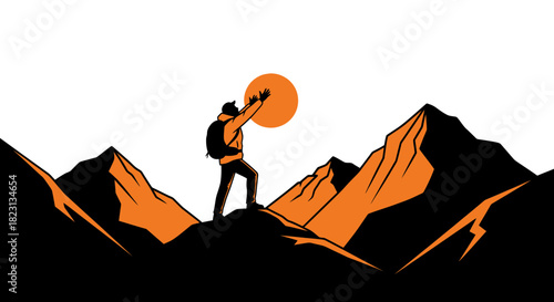 Silhouette of a hiker reaching for the sun atop a mountain range vector art