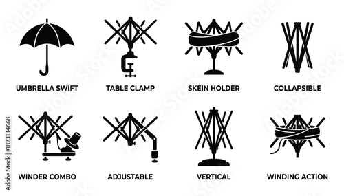 Yarn swift winder types icons. Umbrella swift table clamp skein holder collapsible winder
