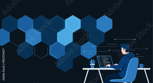 Software developer working on laptop coding with abstract geometric background