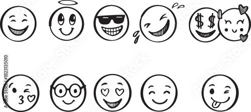 Doodle positive emoji set. Hand drawn sketch vector illustration black and white
