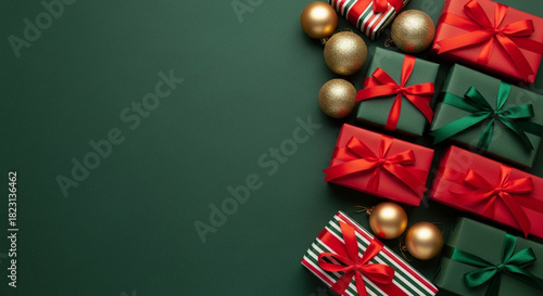 Overhead view of assorted red and green christmas gift boxes with gold baubles arranged on a dark green background, perfect for holiday greeting card design with copy space on the left