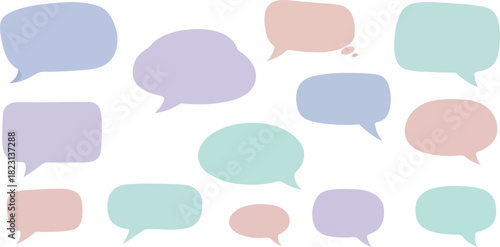Many pastelcolored cartoonish speech bubbles of various shapes
