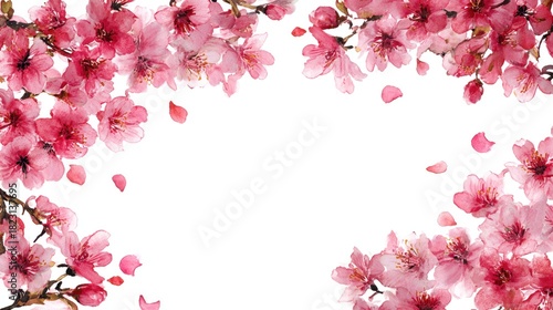 Wallpaper Mural A beautiful arrangement of pink cherry blossoms with petals scattered, creating a delicate floral frame against a white background. Torontodigital.ca