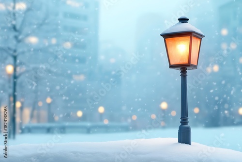 Snowy Winter Scene with Vintage Lantern Illuminating a Gentle Flurry of Snowflakes