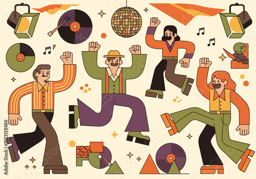 Vintage Disco Party with Dancing People and Retro Decorations