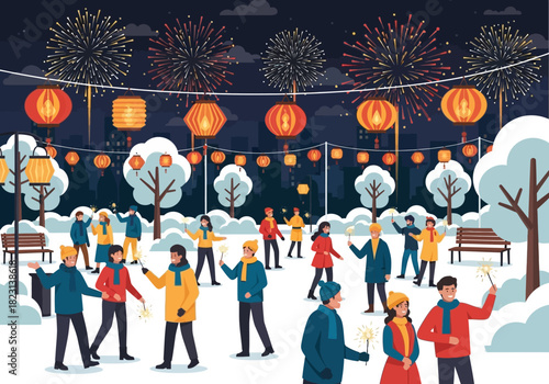 Celebrating the Winter Festival A Vibrant Night Scene with Lanterns, Snow, and People