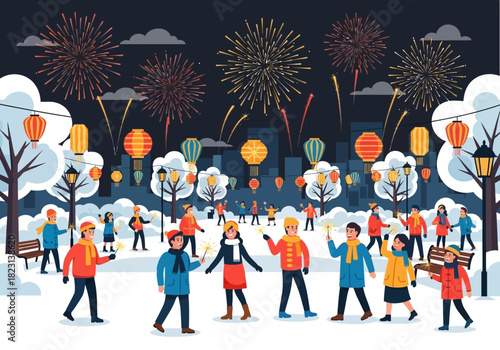 Festive crowd celebrating a winter holiday with sparklers and a spectacular fireworks display in a snowy city park at night