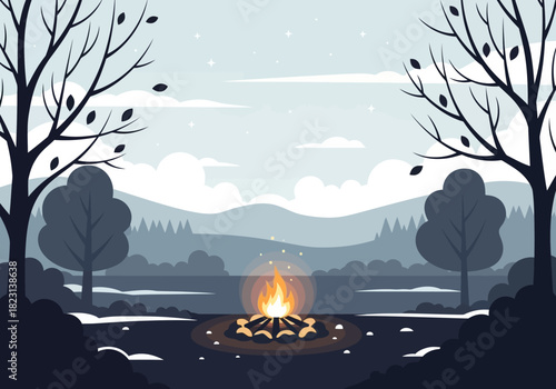 Peaceful twilight wilderness scene featuring a crackling campfire reflecting on a tranquil lake, framed by silhouetted trees and distant mountains under a calm sky
