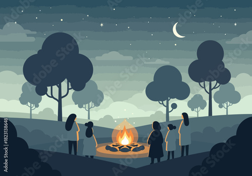 Night Campfire Gathering Friends Relaxing Under the Stars